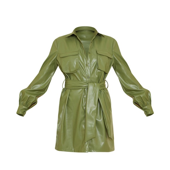 PLT Khaki Faux Leather Pocket Detail Shirt Dress - Picture 4 of 6